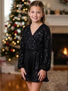 NWT Chelsea & Violet Black Sequin Long Sleeve Romper V-Neck Holiday Party